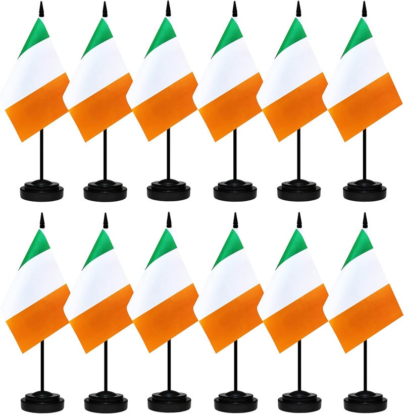 BCLin 12 Pack Ireland Desk Flags Set, Irish Small Mini Table Office Flags With 12" Solid Black Pole, Black Base and Spear Top, Miniature Desktop Flag, Home Decoration, Office Decoration, Festival - Image 1